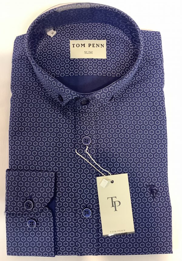 Tom Penn Slim Fit Print Shirt Navy