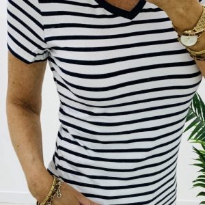 CHIC & JEUNE V-Neck Stripe T-Shirt White/Navy