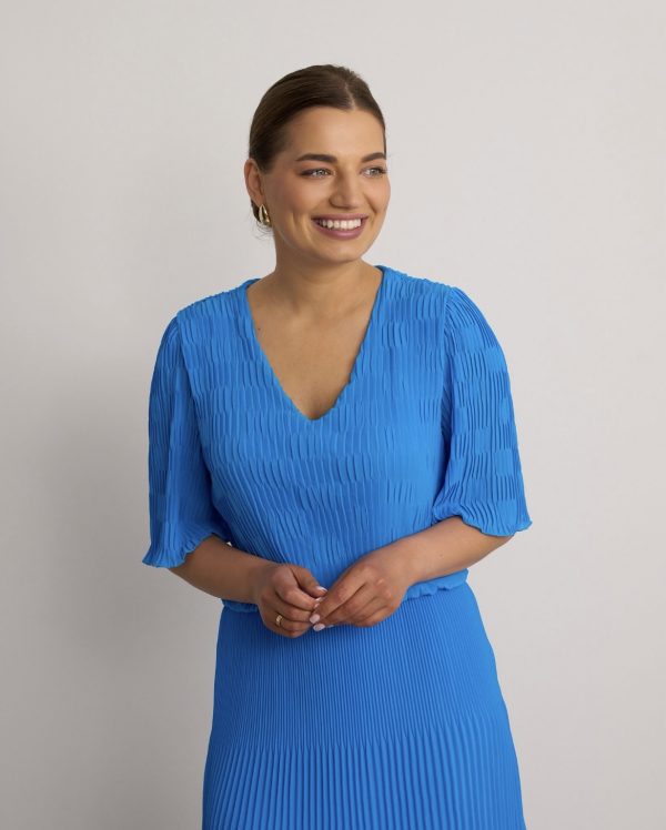 V-Neck Pleated Dress Turquoise.         6747/Trq - Image 4