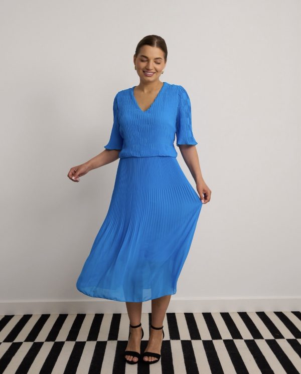 V-Neck Pleated Dress Turquoise.         6747/Trq - Image 2