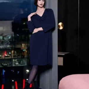 Peruzzi Frill Neck Cocktail Dress Navy.        W25129