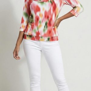 Yew Cowl Neck Print Top Coral. 2647B