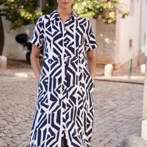Peruzzi Geo Block Print Dress Navy. S26523