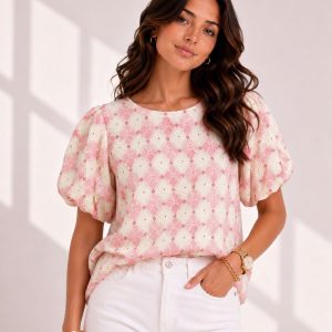 2 Tone Puff Sleeve Top Pink.           T2724