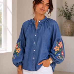 Puff Sleeve Denim Shirt Stonewash.        Ch5557